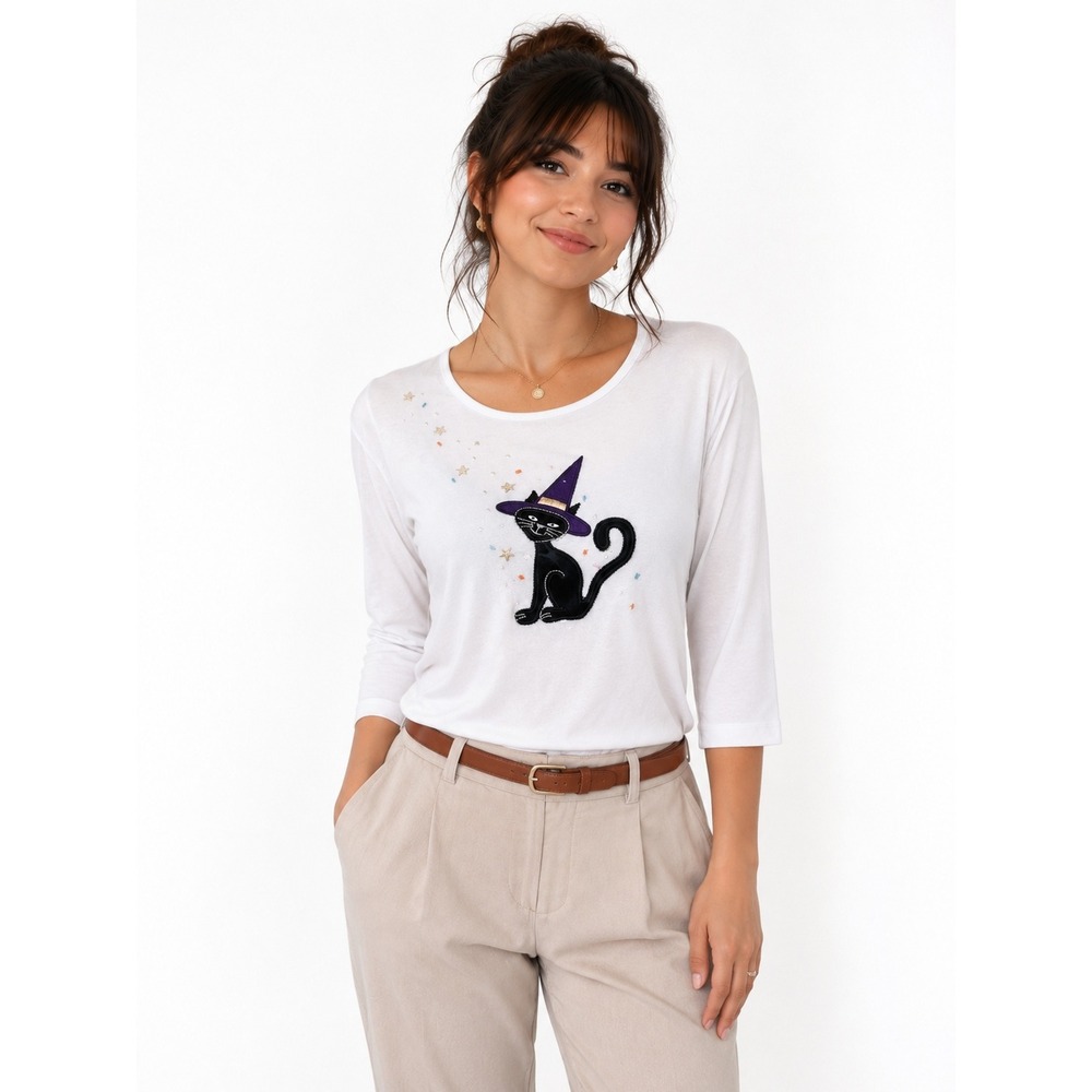 Hampshire Studio Halloween Top Women L White Excellent Witch Cat 3/4 Sleeve